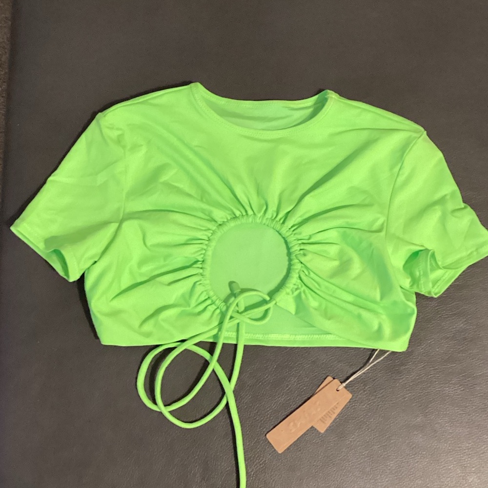 SKIMS Recycled Swim Ruched T-Shirt Neon Green Crop Top XS TP-SHR-2789 NEW